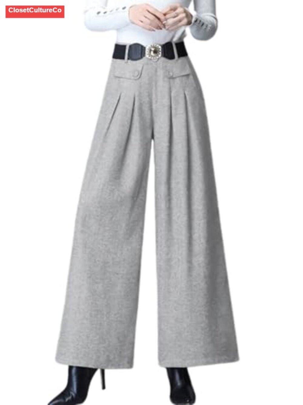 Wool Blend Wide Leg High Waisted Pleated Palazzo Trousers